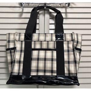 Koko Plaid Insulated Lunch Tote Bag Tan/Blk Pockets‎ Cinch Close Extension